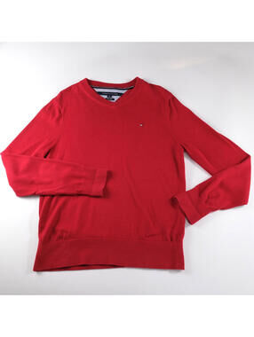 Tommy Hilfiger Red V Neck Sweater Men's Small Pima Cotton (small hole)
